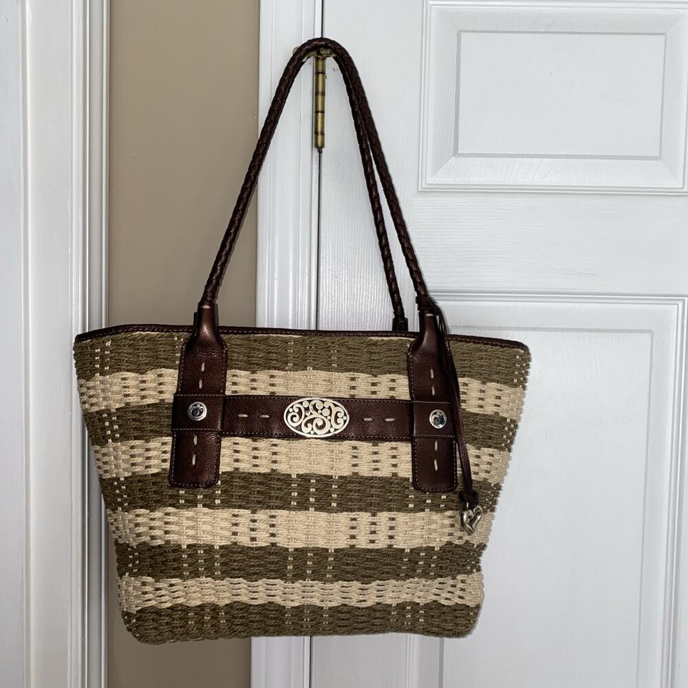 Brighton Beige Brown Striped Woven Straw Large Tote Shoulder Bag Leather Handles